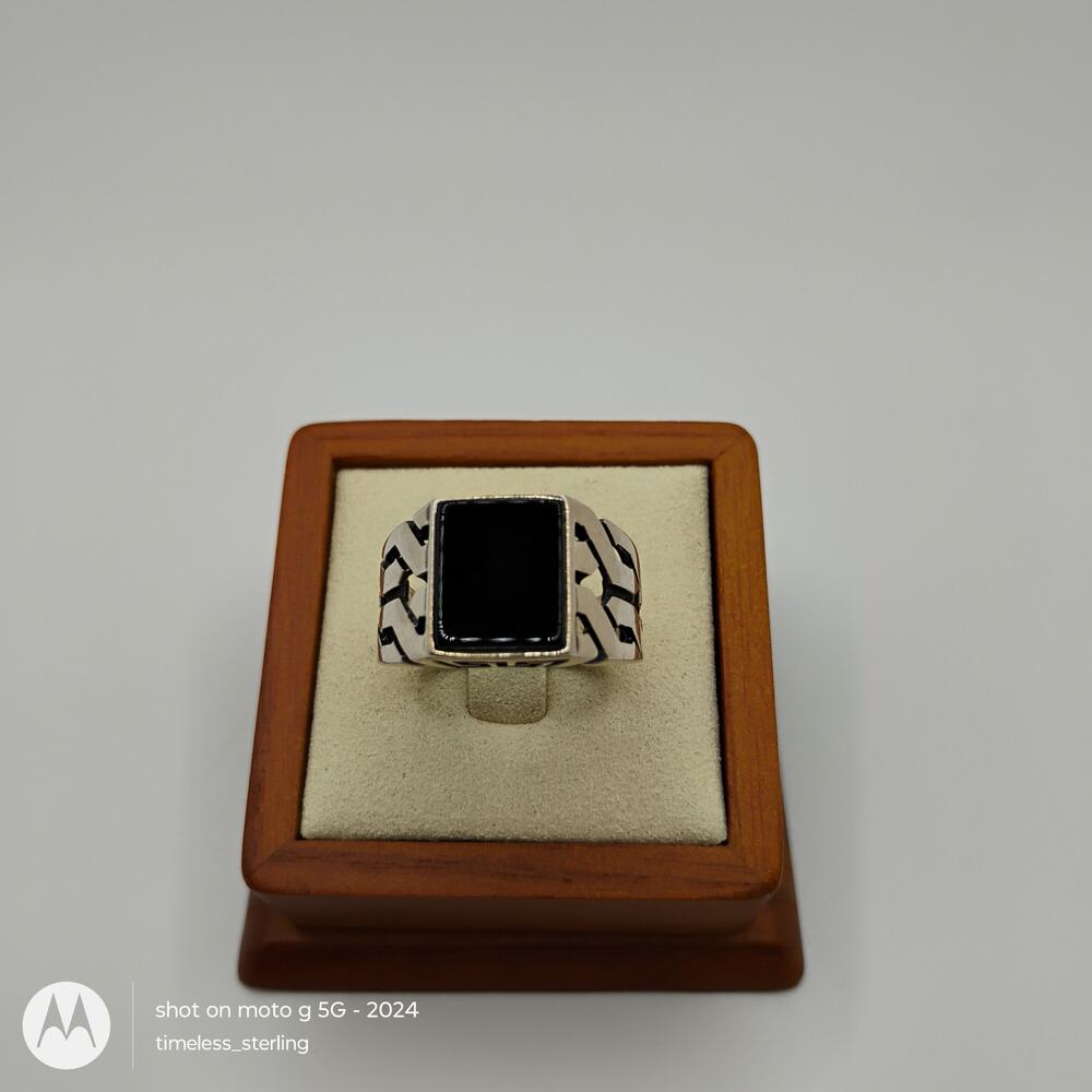 Mens Black Onyx Sterling Silver Twist Band Signet Ring Size 10.75